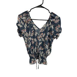 Sienna Sky Floral Print Navy Smocked Waist Ruffle Sleeves V-Neck Blouse Size XS